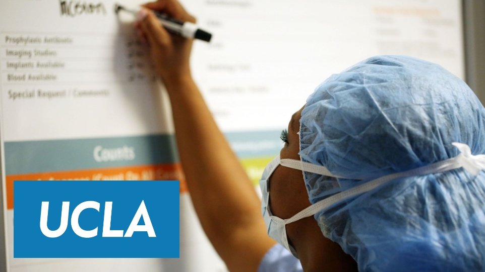 Photo of UCLA logo with a nurse writing on a white board