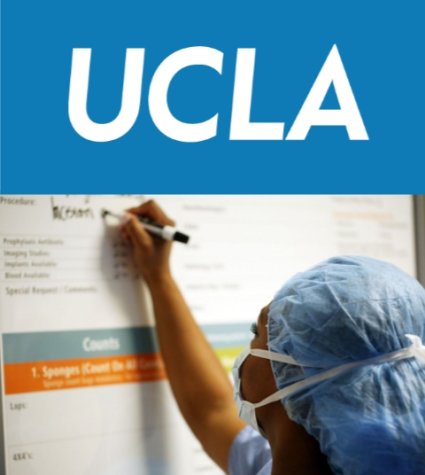 Photo of UCLA logo with a nurse writing on a white board