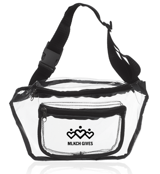 Clear fanny pack with MLKCH Gives logo on it