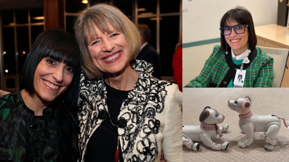 Collage of photos of 2 women smiling, and 2 small e-dogs on the floor